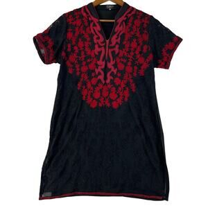 Averi Wearable Art Women's Black and Red Embroidered Short Sleeve Top 40 (US 10)